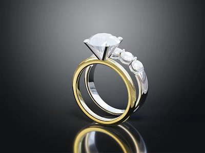 Two Tone Gold Silver Ring With Large Main Diamond And Small Side Stones 3d model