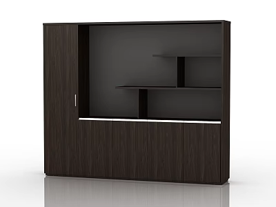 Public Office Area Storage Cabinet With Dark Wooden Finish Glass Door And Open Shelves 3d model