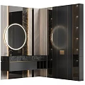 Modern Luxury Bathroom Vanity With Circular Mirror Marble Countertop And Wooden Texture Lighting