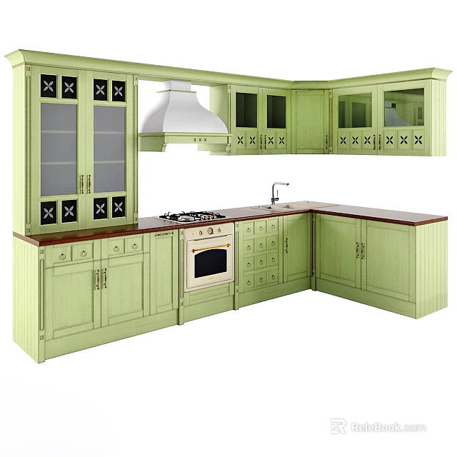 Light Green Kitchen Cabinets With Glass Doors Black Accents And Dark Countertop 3d model 