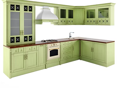 Light Green Kitchen Cabinets With Glass Doors Black Accents And Dark Countertop 3d model