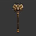 Ornate Golden Hardware Axe With Intricate Wing Design And Carved Handle