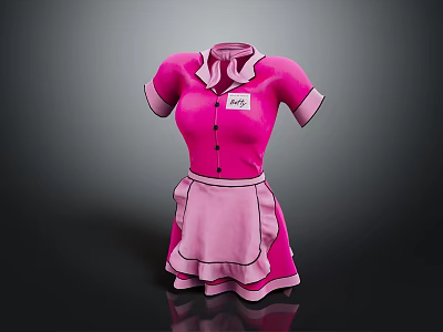 Pink Dress With Apron Design Short Sleeves Collared Neckline Dolly Label 3d model