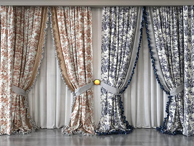 Elegant Floral Pattern Curtains With Brown Beige Blue White Tassel Trim And Double Layer Design 3d model