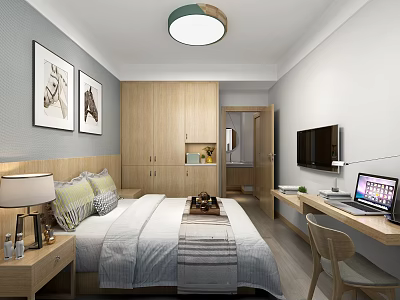 Modern Hotel Room Interior Design With Comfortable Bed Nightstand Lamp TV Desk Chair And Artwork 3d model