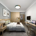 Modern Hotel Room Interior Design With Comfortable Bed Nightstand Lamp TV Desk Chair And Artwork