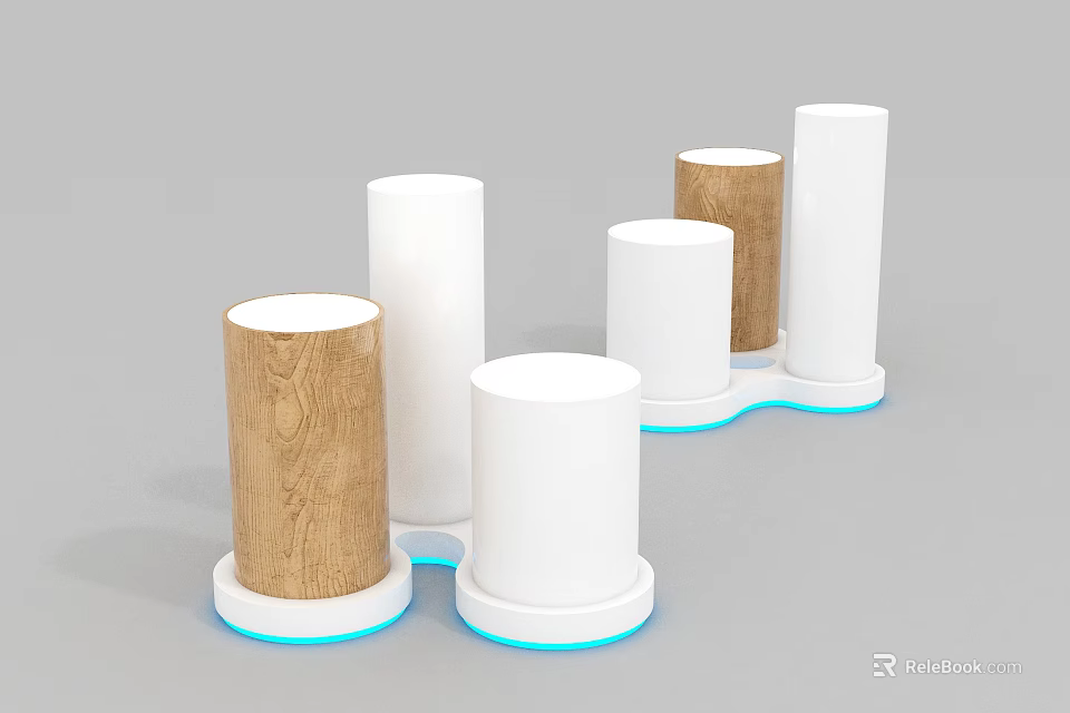 Modern Minimalist Cylindrical Display Shelves in White and Wood Grain with Blue Bottom Lighting 3d model 