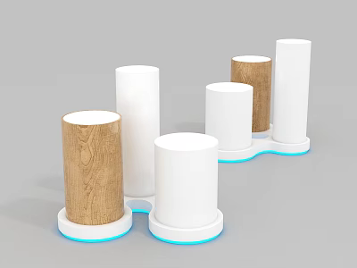 Modern Minimalist Cylindrical Display Shelves in White and Wood Grain with Blue Bottom Lighting 3d model