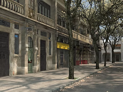 Traditional Chinese Arcade Building Street With Old Trees And Vintage Facades 3d model