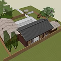 Traditional Chinese Wooden House With Black Tiled Roof Stone Courtyard And Veranda