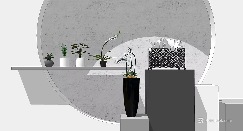 Bonsai Plants In Modern Interior With Ceramic Pots On Shelf And Stand 3d model