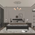 Classic Bedroom Interior With Black Bed Frame Chandelier Decorative Paintings Dark Wardrobes And Bedside Lamps