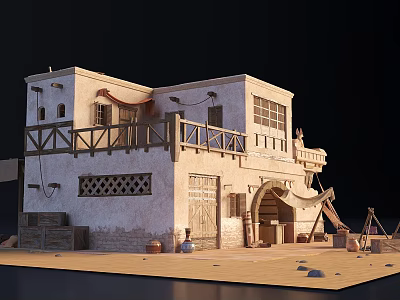 European Architecture With White Exterior Wooden Balcony Railings And Arched Door 3d model