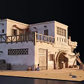 European Architecture With White Exterior Wooden Balcony Railings And Arched Door