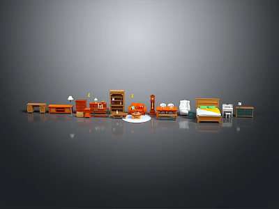 Vibrant Furniture Models Display With Orange Brown Bed Table Cabinet Sofa And Gray Background 3d model
