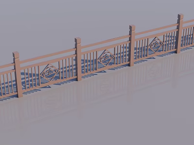 Ornate Wooden Railing with Diamond Shaped Panels and Reflective Floor Surface 3d model