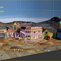 Wooden Residential Buildings with Red Signs in Desert Mountain Area and Blue Sky