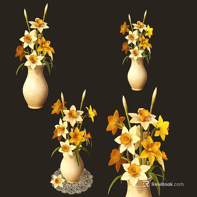 White Ceramic Vases With Yellow And White Fresh Flowers Bouquets For Home Decor 3d model 