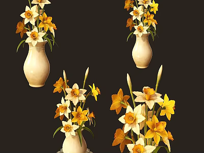 White Ceramic Vases With Yellow And White Fresh Flowers Bouquets For Home Decor 3d model
