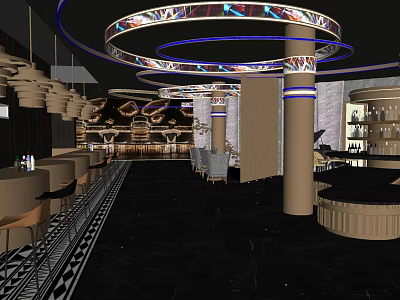 Modern Bar Interior With Circular Decorative Chandeliers Columns And Black Floors 3d model
