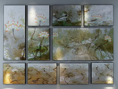 Multiple Botanical Paintings With Lotus Flower Designs And Natural Color Tones 3d model