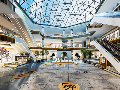 Spacious Shopping Mall Interior With Glass Dome Ceiling Multiple Floors And Decorative Floor 3d model