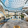 Spacious Shopping Mall Interior With Glass Dome Ceiling Multiple Floors And Decorative Floor