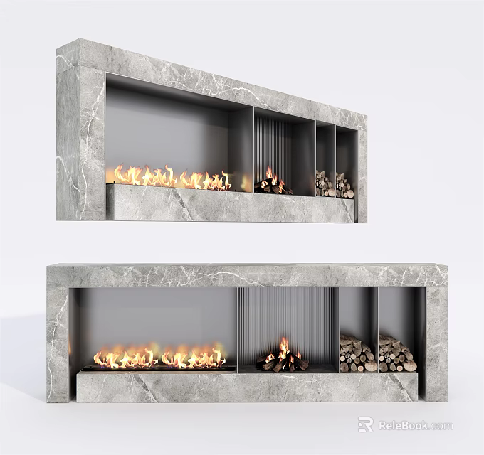 Modern Marble Fireplace Interior Design With Burning Fire Wood Logs And Shelves 3d model 