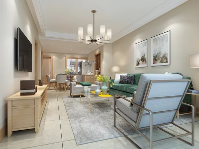 Modern Living and Dining Room Interior With Green Sofa Gray Armchair Coffee Table And Chandelier 3d model