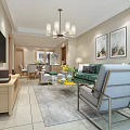 Modern Living and Dining Room Interior With Green Sofa Gray Armchair Coffee Table And Chandelier