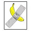 Framed Yellow Banana Art With Crossed Gray Tape on White Background