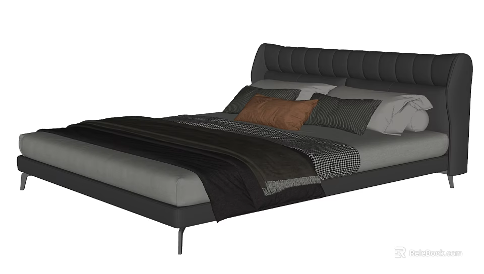 Modern Double Bed With Upholstered Headboard Multiple Pillows And Soft Blanket 3d model