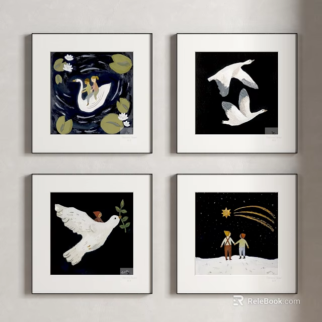 Four Art Illustrations Featuring Swan Dove Children And Star Elements 3d model