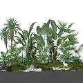Lush Green Tropical Plants Arrangement With Grass Stones And Deer Figures