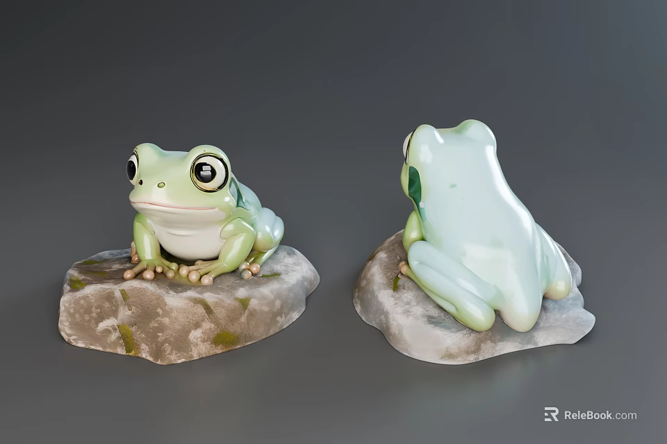 Green Reptile Figurines With Front And Back View On Natural Stone Base Decorative Pieces 3d model 
