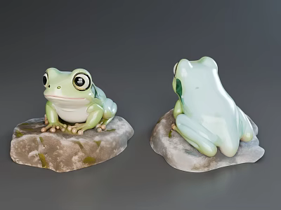 Green Reptile Figurines With Front And Back View On Natural Stone Base Decorative Pieces 3d model