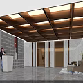 Modern Elevator Lobby Design With Wooden Grid Ceiling Geometric Pattern Walls And Marble Flooring 3d model