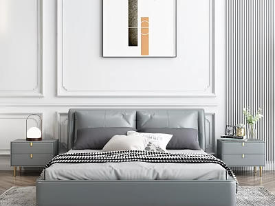 Modern Bedroom With Gray Upholstered Bed Frame Gold Nightstands And Wall Art 3d model