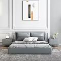 Modern Bedroom With Gray Upholstered Bed Frame Gold Nightstands And Wall Art