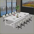 Wooden Conference Table with Office Chairs Large Windows City View Potted Plant Digital Screen