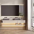 Modern Bathroom Vanity With Double Sink Mirror Cabinet And LED Lighting On Herringbone Floor