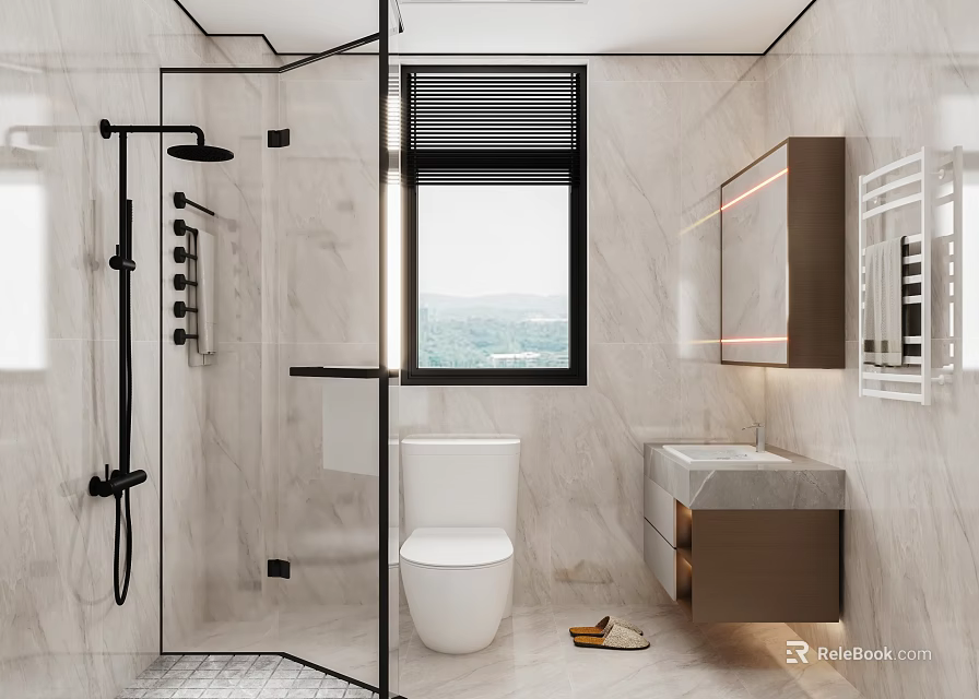 Modern Bathroom Interior Design With Marble Walls Glass Shower Partition Toilet Vanity And Window View 3d model 