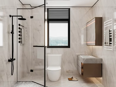 Modern Bathroom Interior Design With Marble Walls Glass Shower Partition Toilet Vanity And Window View 3d model