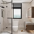 Modern Bathroom Interior Design With Marble Walls Glass Shower Partition Toilet Vanity And Window View