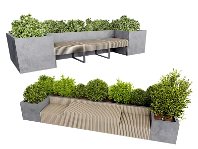 Outdoor Bench With Concrete Planters And Lush Green Foliage For Garden Seating 3d model