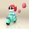 Cartoon Cat In Red Helmet And Sunglasses Riding Light Green Scooter With Heart Balloons