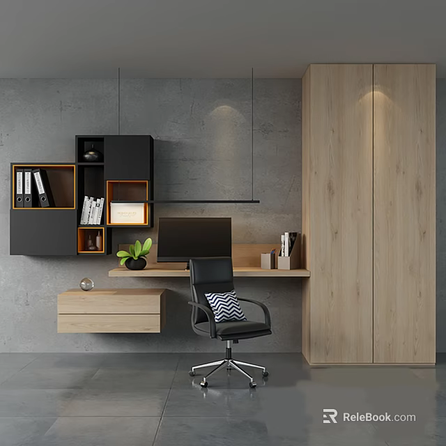 Modern Wooden Desk With Ergonomic Chair And Wall Mounted Bookshelf Cabinet 3d model 