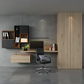 Modern Wooden Desk With Ergonomic Chair And Wall Mounted Bookshelf Cabinet