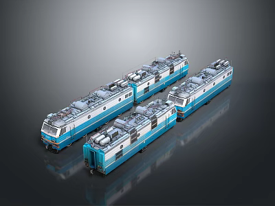 Three Blue And White Train Models Lined Up On Dark Reflective Surface 3d model