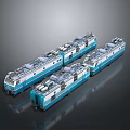 Three Blue And White Train Models Lined Up On Dark Reflective Surface 3d model